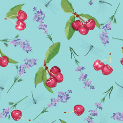 Floral vector illustration. Seamless print with lavender, cherry berries and dragonflies on a blue background. For decorating textiles and packaging.