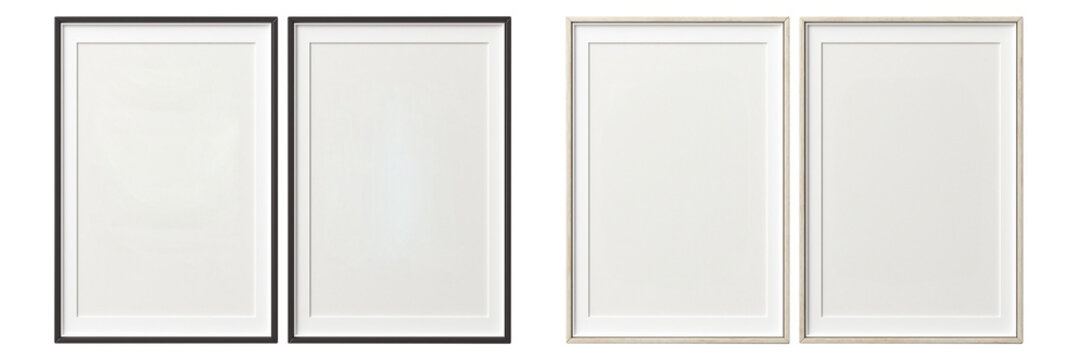 Two sets of empty picture frames, one black and one white, arranged side by side for display purposes.