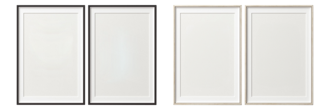 Two sets of empty picture frames, one black and one white, arranged side by side for display purposes.
