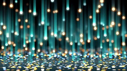 Abstract Teal Light Streaks and Glowing Orbs Falling on Dark Background - Powered by Adobe