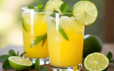 Refreshing yellow cocktails with lime and mint. High quality