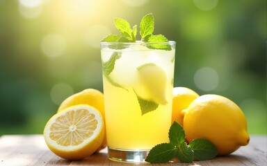 Refreshing Lemonade: Sunlit Glass, Lemons, and Mint. High quality