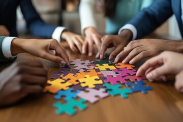 Cropped image of diverse business team collaborating on puzzle at work desk