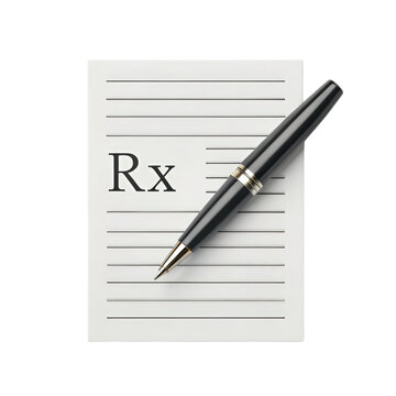 A black and silver pen rests on a lined prescription pad featuring the "Rx" symbol.