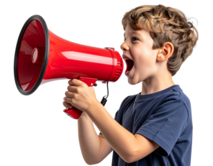  Excited Boy Yelling into Red Megaphone Side View isolated on transparent background PNG