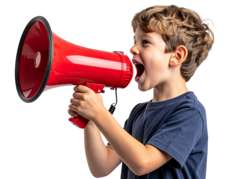  Excited Boy Yelling into Red Megaphone Side View isolated on transparent background PNG