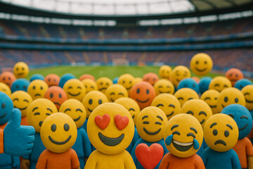 a group of colorful emojis in a football stadium