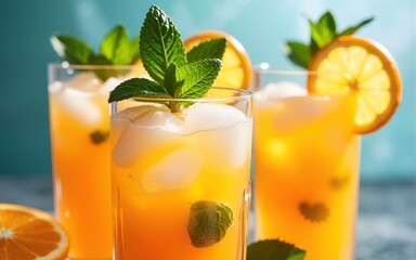 Refreshing citrus drinks with ice and mint. High quality