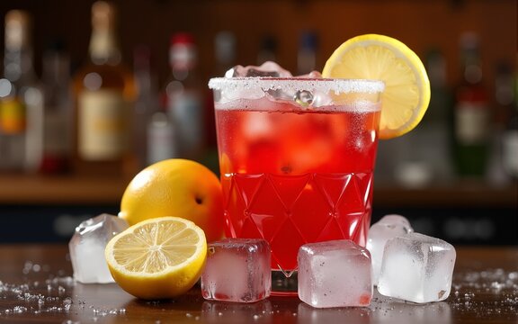 Red cocktail, lemon, ice, bar background, drinks menu. High quality