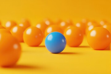 Conceptual 3D design showing individuality with a single blue leader ball, orange minimal space