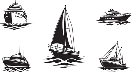 Collection of black and white silhouetted boats ships vessels for nautical and travel designs