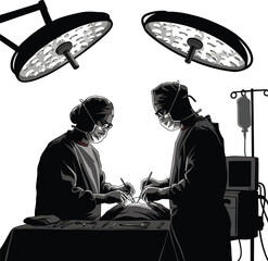 Surgeons operating in surgery room with overhead light, silhouette style