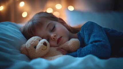A young child peacefully sleeping with a teddy bear in bed