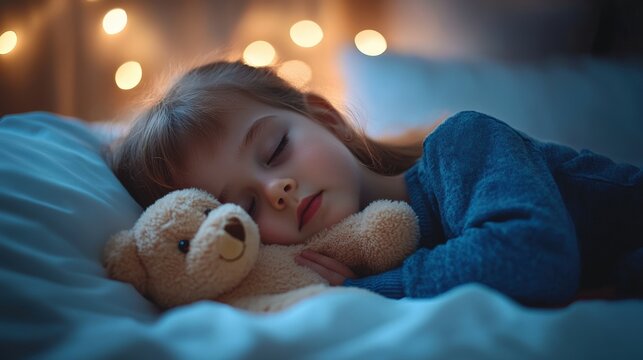 A young child peacefully sleeping with a teddy bear in bed - Powered by Adobe