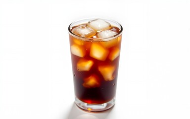 Refreshing glass of cola with ice cubes, top view, on a clean white background, ideal for beverage ads. High quality