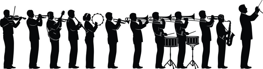 Orchestra musicians silhouette, conductor leading ensemble, trumpet, trombone, violin, saxophone, drums, symphony band performance, vector illustration, concert scene, music art