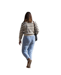 Jeune femme vue de dos marchant en automne, tenue décontractée avec jean clair et pull rayé, sac...