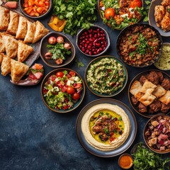 Aromatic Mediterranean Mezze Platter Hummus, Salads, and Meatballs on Dark Background