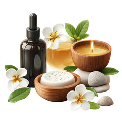 Relaxing Spa Day Essential Oils Frangipani Flowers Candlelight and on transparent background