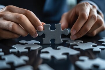 Close-up of hands in suit placing final puzzle pieces in symbolic M&A concept