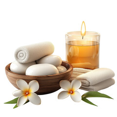 Spa Still Life Peaceful Stone Arrangement Glowing Candle Frangipani on transparent background