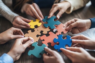 Close-up of diverse office workers connecting puzzle parts together