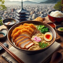 Katsu Ramen Soup, with Kyoto City, Japan as the background
