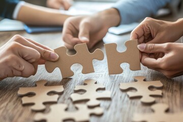 Close-up of business hands joining puzzle pieces on office table, modern workspace
