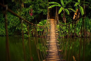 Obraz premium Jungle Rope Bridge Over Dark Water: Mysterious, Adventurous, Lush Tropical Foliage