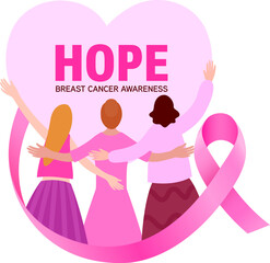 Group of ladies in pink cheering and hugging. Pink ribbon and heart shape. Breast cancer awareness. Vector illustration.