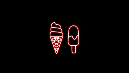 Ice cream icon on the black background. Neon glowing ice cream icon.