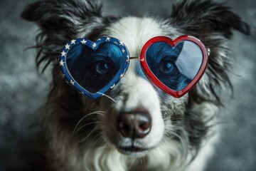 Fourth Of July Glasses. Border collie dog wearing heart shaped American flag sunglasses for celebration