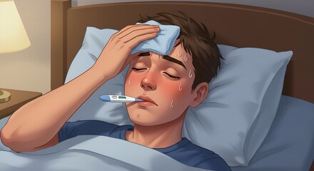 Sick Teen Boy with Fever at Home with Headache.