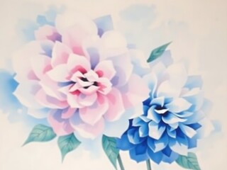 Fototapeta premium Elegant watercolour illustration of pink and blue dahlia flowers with delicate green leaves
