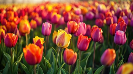 Obraz premium A field of vibrantly colored tulips in various hues bask in sunlight