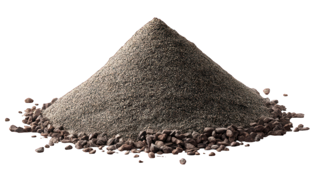 Pile of gray powder atop dark, small, oval granules