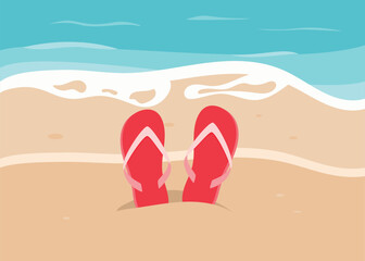 Red Flip flops on the beach. Sandy coast and waves. Summer vector illustration for banner, card, invitation, sale.