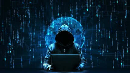 Hooded hacker in dark room matrix code security breach hacking cyber internet virus web criminal identity crime on screen attack man privacy system thief cyber security protection private server 3D 4K - Powered by Adobe