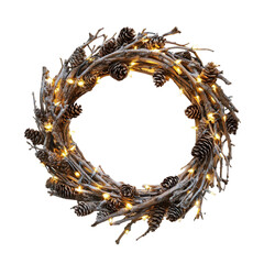 Fototapeta premium Festive winter twig wreath with pinecones and warm lights