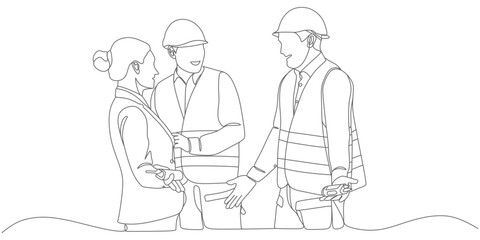 Construction Professionals in Discussion – Minimalist Continuous-Line Illustration