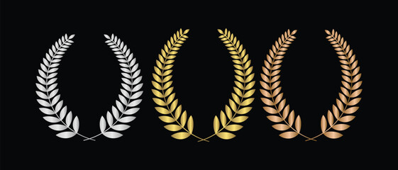 Laurel wreath of victory icon, set of gold, silver and bronze medals, laurel frame ranking decoration - vector © Sarala