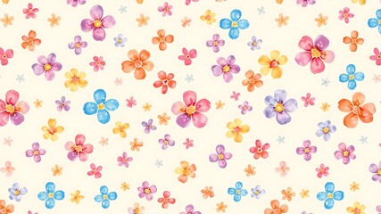 Watercolor floral pattern of colorful flowers scattered on a creamy background