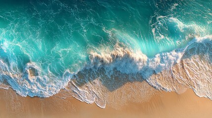 Fototapeta premium Aerial top-down view of calm turquoise waves washing golden sandy Mediterranean beach revealing a clean white T-shirt laid perfectly on shore with soft light and serene atmosphere.