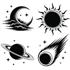 Pixel Art Celestial Bodies: Sun, Moon, Planet, Comet Designs