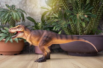 T-rex Dinosaur toy. Tyrannosaurus rex with Dorstenia Plant in plastic pot simulate the atmosphere...