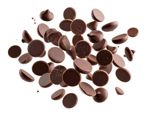 Obraz premium Floating Chocolate Chips with Depth Blur Effect isolated on transparent background PNG