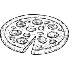 Hand-drawn pizza sketch with sliced toppings, ideal for Italian fusion art or casual dining decor