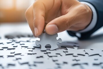 Businessman hand in suit completing a jigsaw puzzle on white office desk