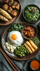 Realistic detailed photo of indonesian foods on plates on a dining table in the dining room, top view, modern minimalist interior, [Photorealistic, long shoot, natural lighting, shallow depth