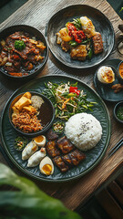 Realistic detailed photo of indonesian foods on plates on a dining table in the dining room, top view, modern minimalist interior, [Photorealistic, long shoot, natural lighting, shallow depth